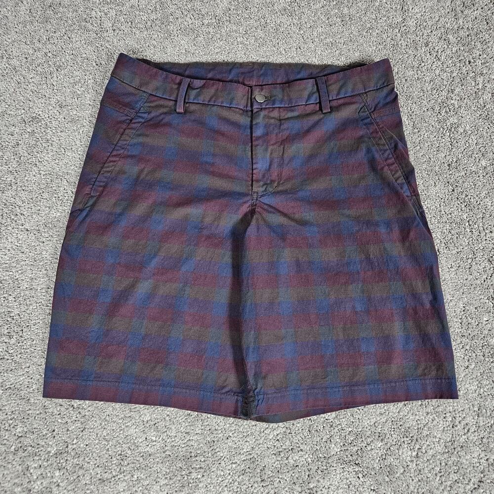 Lululemon Commission Shorts Mens 38 Blue Maroon Plaid Check Stretch 10" Inseam